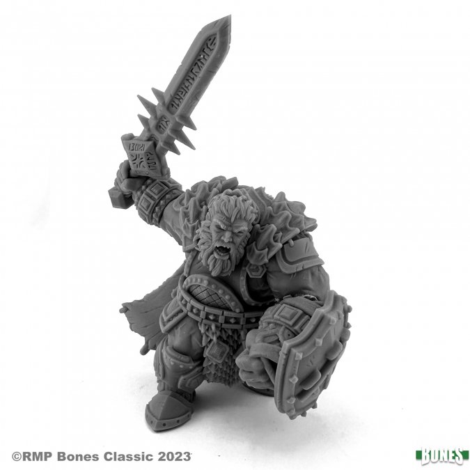 A highly detailed gray resin miniature of a fantasy dwarf warrior. The dwarf is posed in a dynamic battle stance, wielding a large, rune-inscribed sword in one hand and a thick, spiked shield in the other. He wears heavy armor with intricate detailing, a rugged beard, and a fierce expression, with his mouth open as if shouting. The figure stands on a small circular base and is unpainted and may be used with other miniatures.