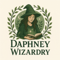 Daphney Wizardry logo - forest-themed wizard reading spellbook